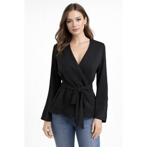 Halogen Medium M Wrap Top Black Flowy Crepe Blouse Quiet Luxury Minimalist Chic